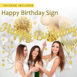 Birthday Decorations for Women Girls Men, White Champagne Gold Balloons Decor, Happy Birthday Banner, Paper Lanterns,Tissue Pom Poms Flower, Honeycomb Ball,Swirl Streamers Garland Supplies Set
