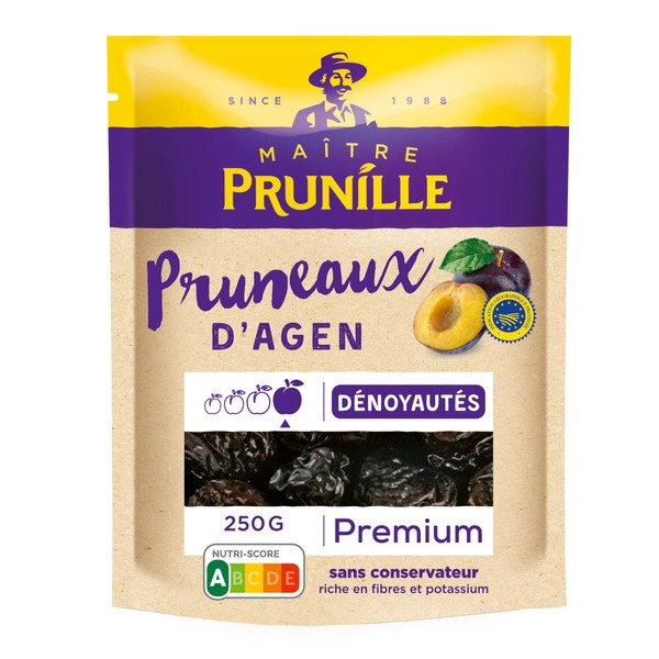 MAÎTRE PRUNILLE - Premium Pitted Agen Prunes - 28/33 Gauge - Rich in Fibre and Potassium - Facilitates Digestion - Preservative Free - Nutri-Score A - IGP Label - Sachet 250 g