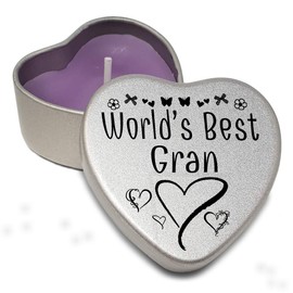 Heart Shaped Mini Silver tin for The World's Best Gran with Purple tealight. Gift for Amazing Women for Mother’s Day. (Gran)