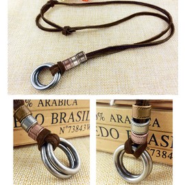 Popeoiuh Leather Cord Necklace - Double Rings Pendant Necklace Alloy Vinatge Pendant Necklace for Men Women with Adjustable Brown Leather Chain