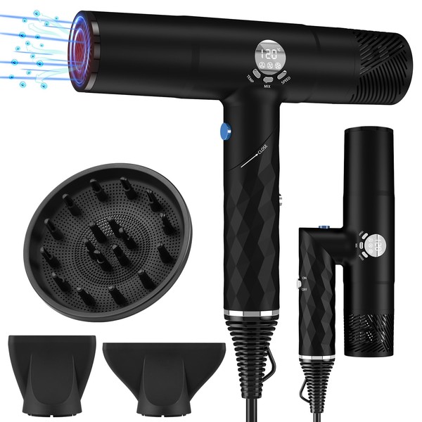 Professional Hair Dryer, Negative Ionic Blow Dryer, LED Display, Foldable,