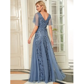 Ever-Pretty Women's V Neck Short Sleeve A Line Elegant Shimmery Sequin Fashion Evening Party Dresses Denim Blue 14UK