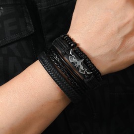 LHUOSN Leather Bracelet Set for Men Women, Multilayer Hemp Cords Tribal Braided Design, Ethnic Wood Beads Wrap Wristbands, 4 Pack, 6.5-8.5 Inches (Bat)