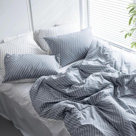 LERUUM Striped Grey Duvet Cover Sets Pure Cotton Bedding Reversible Quilt Cover with Pillowcase (Grey Single Bedding)