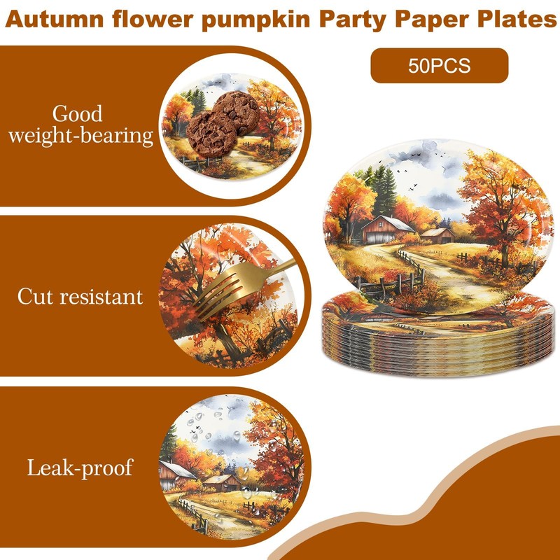 50 Pcs Fall Paper Plates 12 Inch Large Watercolor Landscape