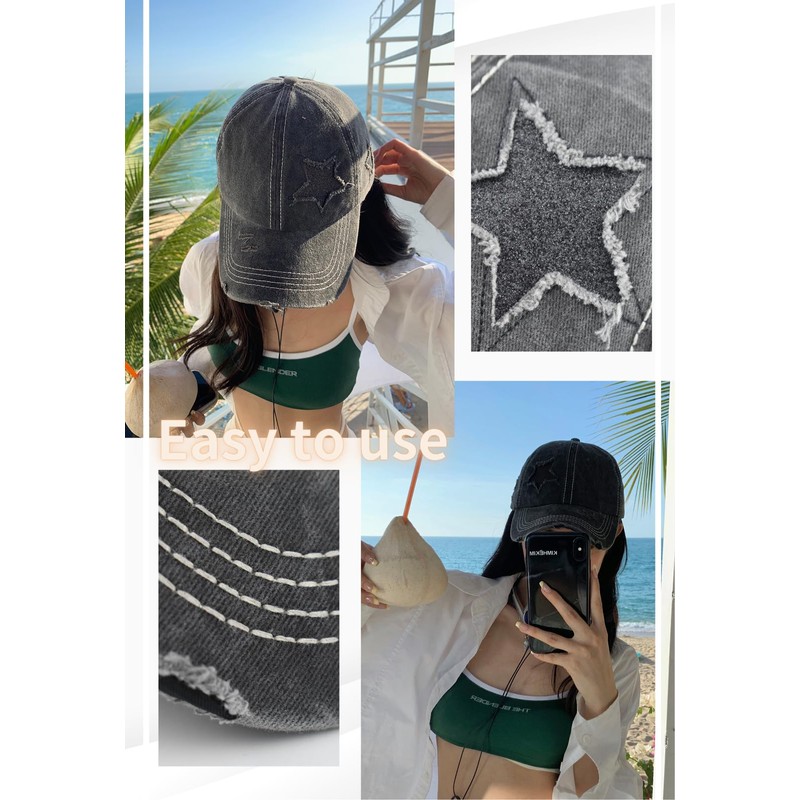 kanaelun Cap, Hat, One Size, Women's Star Pattern, Star Ponytail,