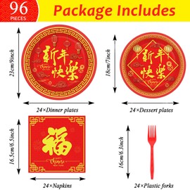 Wiooffen 96 Pcs Chinese New Year Party Plates Napkins Tableware Set Happy 2026 Horse Year Supplies Disposable Dinnerware Spring Festival Decoration Favors for Chinese New Year Eve, 24 Guests