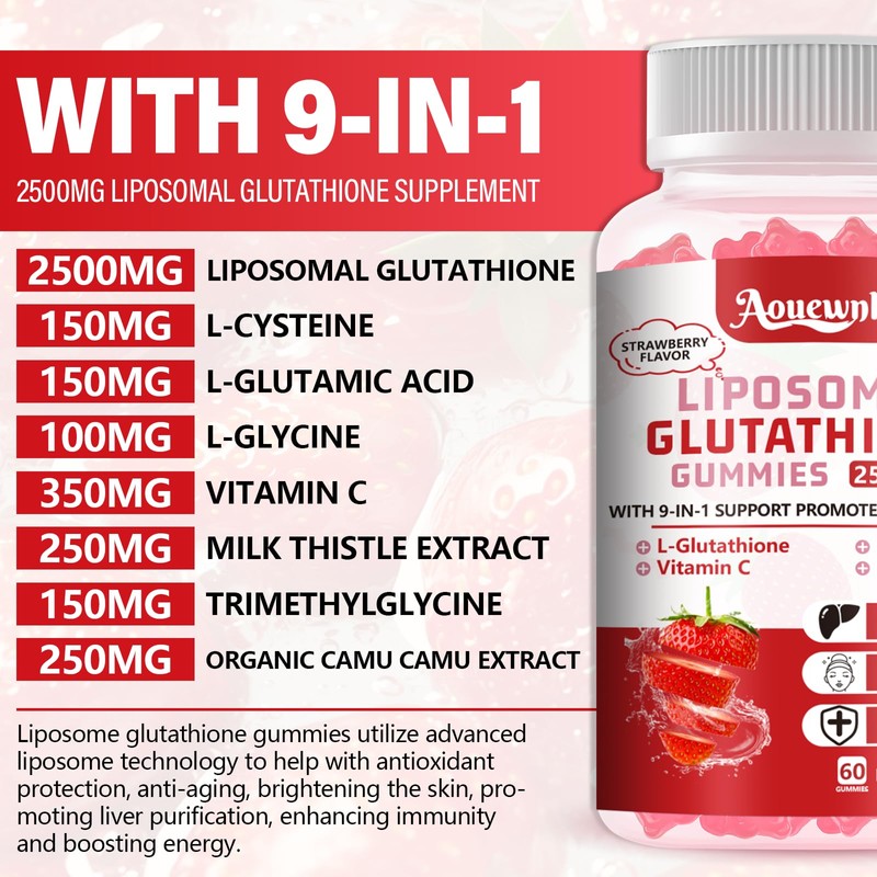 Aouewnk 2 Packs 2500MG Liposomal Glutathione Gummies Supplement