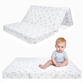 Vomiliku Trifold Pack and Play Mattress Pad, 38"x 26" Memory Foam Dual Sided Pack N Play Mattresses for Playpen Playard, Alphabet Printed Breathable Soft Mini Crib Mattress with Machine Washable Cover