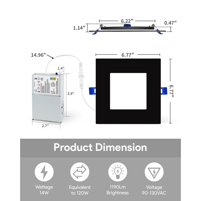 Adetu 6 inch 5CCT Black Square Led Recessed Lighting, 14W