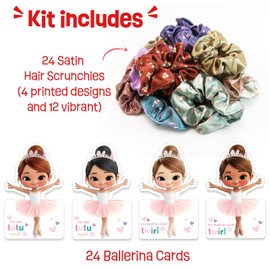 Valentines Day Gifts for Kids - 24 Pack Ballerina Cards With Hair Scrunchies - Gift Exchange for School Classroom Boys Girls Toddlers and Kids Party Favor Sets