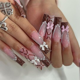 SEMATA Long French Tip Press on Nails Square Acrylic Fake Nails Press Ons with Designs Leopard Print Bow Pink Stick on Nail with Glue Pearls Artificial Glue on False Nail for Women and Girls 12 Sizes