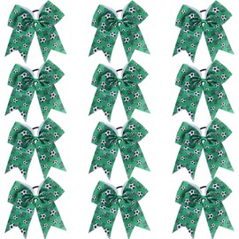 12 PCS Softball Soccer Cheer Bows, Sparkly Rugby Hair Bows with Elastic Hair Ties Accessories for Teens Girls Women Cheerleading Softball Competition Sports (Green Soccer)