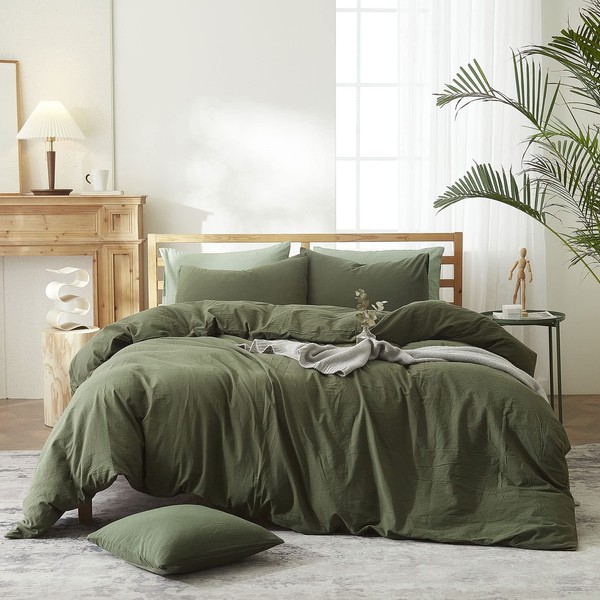 AMWAN Army Green Bedding Sets Queen Size Dark Green Duvet Cover 100% Washed Cotton Comforter Cover Modern Style Solid Color, Luxury Soft for Men Women Bed Set