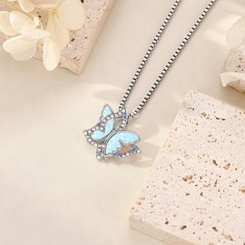 JERWLI Butterfly Necklace for Women 925 Sterling Sliver Opal Pendant Necklace Butterfly Jewelry Gifts for Women Lover