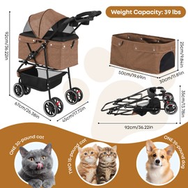 Pet Stroller,Dog Stroller for Small Medium Dogs Cats,3 Wheels,Foldable,with Breathable Mesh Canopy,Cup Holders,Easy Assembly,Deep Brown