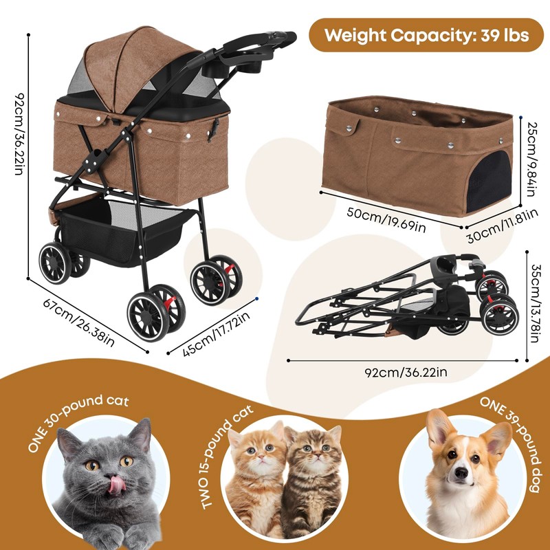 Pet Stroller,Dog Stroller for Small Medium Dogs Cats,3 Wheels,Foldable,with Breathable