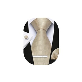 HISDERN Plaid Ties for Men Classic Checkered Tie and Pocket Square Cufflinks Tie Clip Set Woven Men's Necktie Business, C-champagne 1, 8.5cm / 3.4 inches in Width
