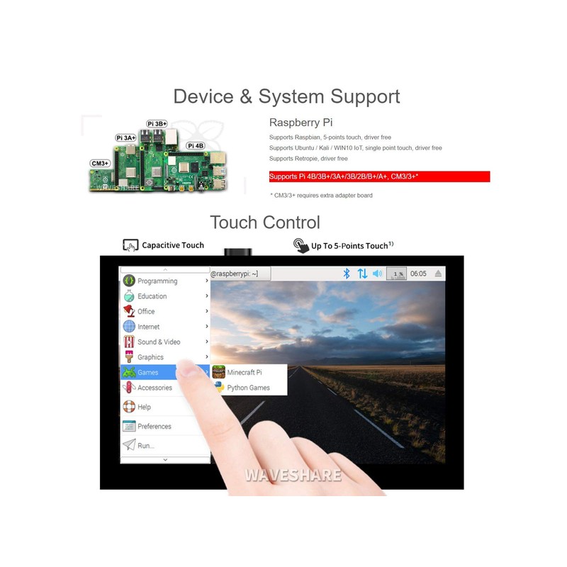 waveshare Monitor de visualización táctil de 5 pulgadas para Raspberry