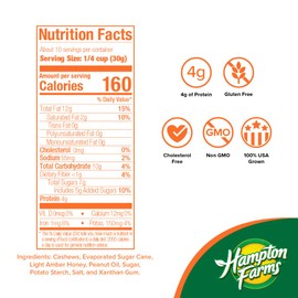 Hampton Farms - USA Grown Gourmet Nuts - Honey Roasted Cashews - 11 oz. Canisters - 2 Pack