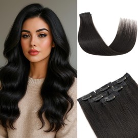 tesshair Clip in Hair Extensions Real Human Hair Remy Single Clip Double Weft 6 Pcs Seamless Highlight Straight Human Hair Clip in Extensions for Women #1B Natural Black - 12 Inch