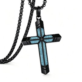 Kovalith cross necklace for men Turquoise cross necklace with a black stainless steel 24-26 inch adjustable box chain Christian jewelry, Father Day gift or everyday wear