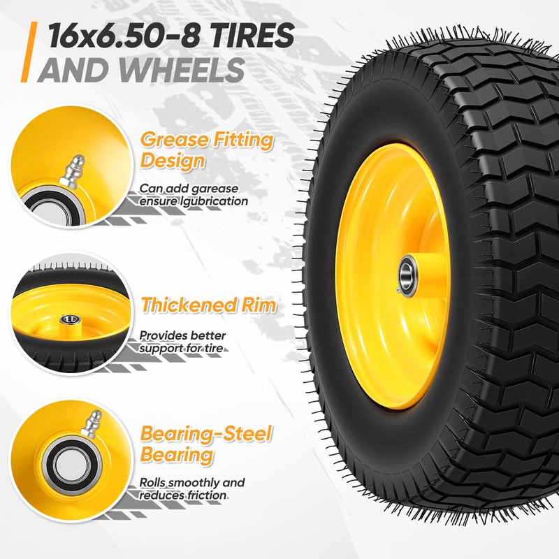 16x6.50-8 Tubeless Tire and Wheel, 16x6.5-8" Lawn Mower Tires, 3/4"