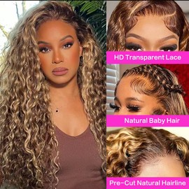 Tylokra 30inch Highlight Ombre Lace Front Wig Human Hair 13x6 HD Honey Blonde 4/27 Deep Wave Lace Frontal Wigs Glueless Wigs Human Hair