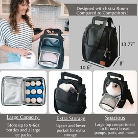 Breast Milk Cooler Travel Bag - Leak-Proof Wearable Breast Pump Bag Keeps Milk Cool for 12 Hrs - Polyester Breast Milk Bags w/Multiple Compartments - Bottle Cooler Bag for Breast Pumps & More (Black)