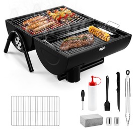 Portable Charcoal Grill, HaSteeL Mini Folding BBQ Tabletop Smoker, Outdoor Two-Side Carbon Grill for Camping Picnic Backyard Patio, 10PCS Grilling Accessories with Tongs Plate Brush Bottle Steak Knife