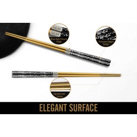 Chopsticks Reusable Titanium Plated Metal Chopsticks 304 Stainless Steel Chopstick Dishwasher safe Japanese Korean lightweight Engraved Anti-slip Chop sticks for Eating 2 Pairs Gift Set Black Gold