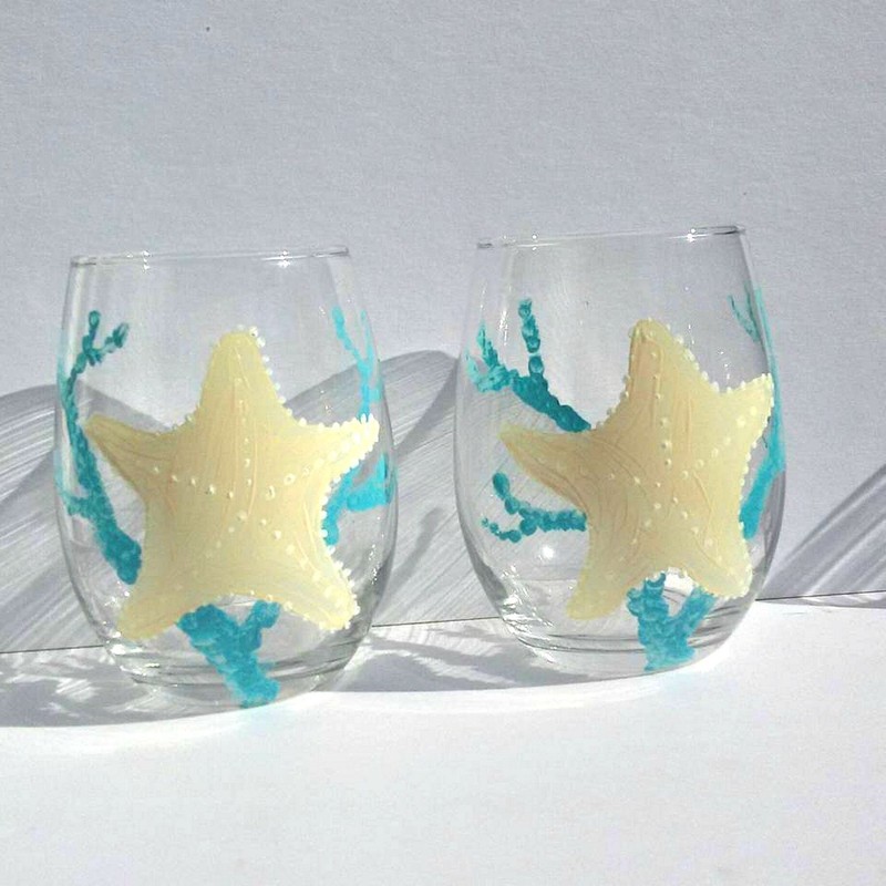 Starfish Blue Coral Stemless Hand Painted Wine Glasses Set of