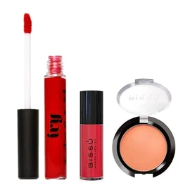 Kit Maquillaje Incluye Rubor Liquido, Rubor en Polvo Bissu y Labial Liquido Mate Indeleble de Larga Duracion | 3 Tonos Disponibles (Red crush)