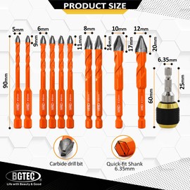 BGTEC High Hardness Skewed Head Eccentric Drill Bits Set-10pcs 5MM*2+6MM*4+8MM*2+10MM+12MM Carbide-Tipped Drill bit with a Drill Chuck Adapter for Wood Plastic Masonry Tile Glass Concrete Marble Brick