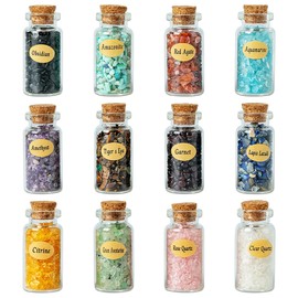 KHOCOEE 12 Different Gemstone Bottles Chip Crystals and Healing Stone, Chakra Healing Crystals Bottles, Wicca Gem Stones Set, Witchcraft Crystals