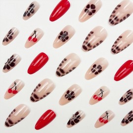 Almond Press on Nails Medium Length False Nails Red Cherry Fake Nails French Leopard Print Acrylic Glue on Nails Flower Stick on Nails Cute Glossy Artificial Nails for Women Girls 24Pcs