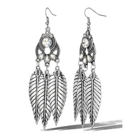 Jessica Simpson Three Feather Dangle Earrings for Women, Oxidized Silver-Tone Statement Earrings