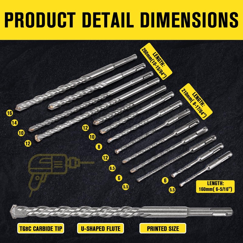 17Pcs Rotary Hammer Drill Bits & Chisels, SDS Plus Bits,