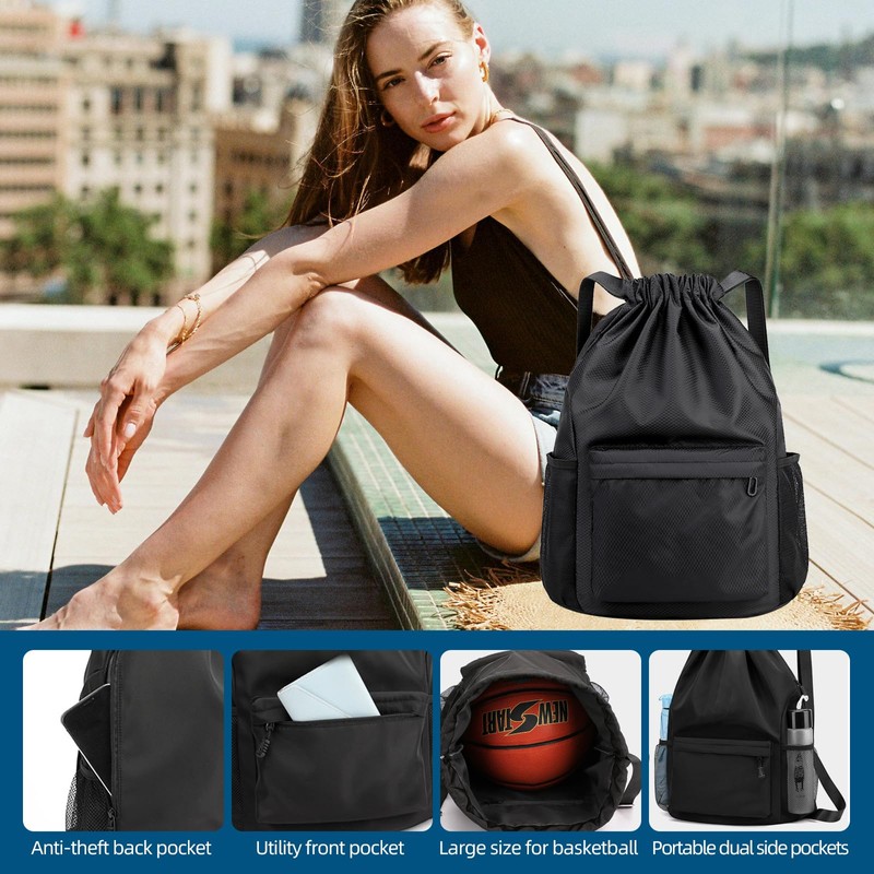 Drawstring Backpack, Waterproof Backpack with Mesh Side Pocket, Sport Gym