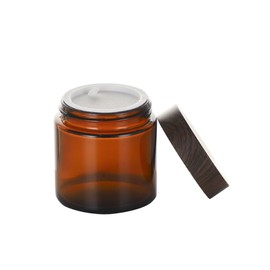 2 Pcs 100ml 3.4oz Amber Round Glass Cream Jar Straight Sided Storage Cosmetic Containers Jars with Inner Liners and Wood Grain Lids Travel Containers Jars Pot for Lotion Cream Body Butter Spice