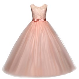 Big Girl Sleeveless Lace Flower Girl Gray Princess Dress Tulle Long Maxi Gown Kids Wedding Bridesmaid Formal Pageant Dresses Pink 14-15 Years