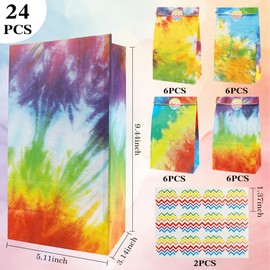 Party Favor Bags for Kids Birthday, 24 PCS Tie Dye Paper Gift Bags with Stickers, Colorful Treat Candy Goody Goodie Bags for Birthday Party Baby Shower Wedding Valentines May Day Supplies Decorations