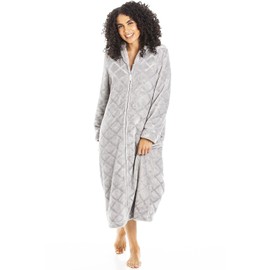 Camille Women's Super Soft Fleece Housecoat - Diamond Emboss Luxury Zip Up Bathrobe - Long Sleeved and Side Pockets Grey 14-16