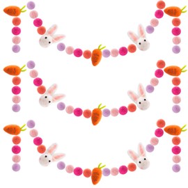 3 Pieces Easter Felt Ball Rabbit Carrot Garlands - 6.6 Feet Handmade Pom Pom Felt Ball Bunny Spring Tree Ornaments Party Favors for Easter Home Bedroom Living Room Wall Decors