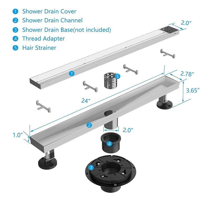 Linear Shower Drain 24 Inch, ZEKOO 2 in 1 Brushed