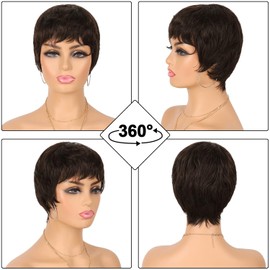 Fereowth Short Human Hair Wigs for Women Brown Pixie Cut Wigs Short Straight Hair Ladies Wigs for Black Woman 4# Color