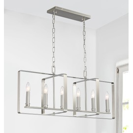 Munbea 6-Light Nickel Island Light, No Installation Required, Foldable Square Frame with E12/Candelabra Base, Modern Kitchen Island Lighting for Dining Room, Bar Counter