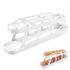 Egg Holder for Refrigerator, 2 Tier Rolling Eggs Storage Refrigerator, Non-Slip Base Fridge Organiser Eggs (White)