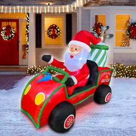 BLOWOUT FUN 6ft Length Inflatable Christmas Golf Cart with Santa Claus Decoration, LED Blow Up Lighted Decor Indoor Outdoor Holiday Decor