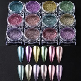 WOKOTO 12Jars Chrome Nail Powder For Nails, Colorful Magic Pearl Powder Kit Mirror Effect Metallic Holographic Dip Nail Powder For Resin Craft & Nail Art Fimo, Decoration Iridescent Aurora Pigment